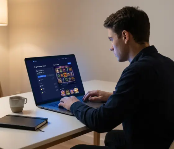 Person reviewing an LTC casino on laptop — our review process